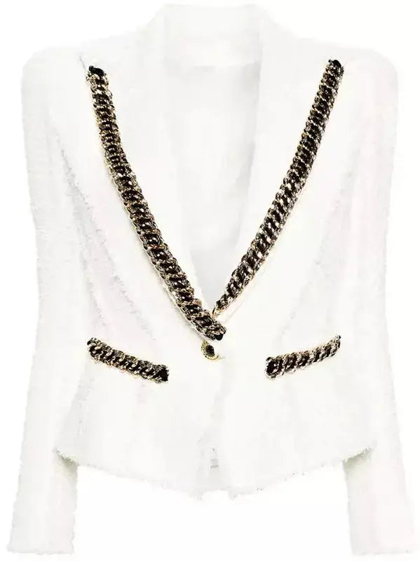 Chain-Trim White Tweed Blazer - Jackets