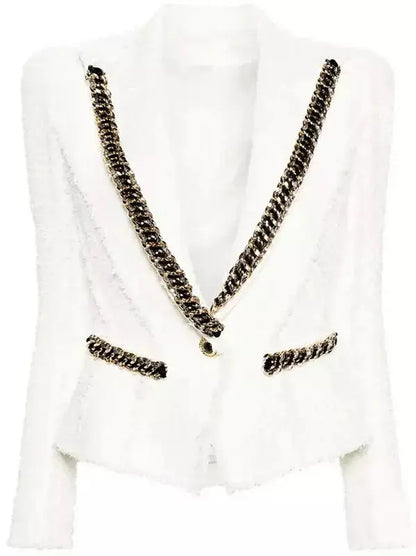 Chain-Trim White Tweed Blazer - Jackets