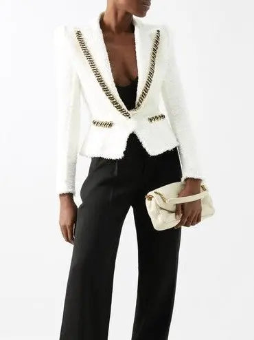 Chain-Trim White Tweed Blazer - Jackets