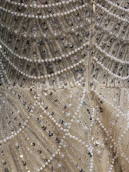 Champagne Fully Embellished Fit-and-Flare Mini Dress - Dresses