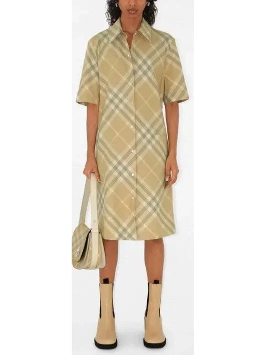 Check Cotton Shirt Dress Flax - small - Dresses