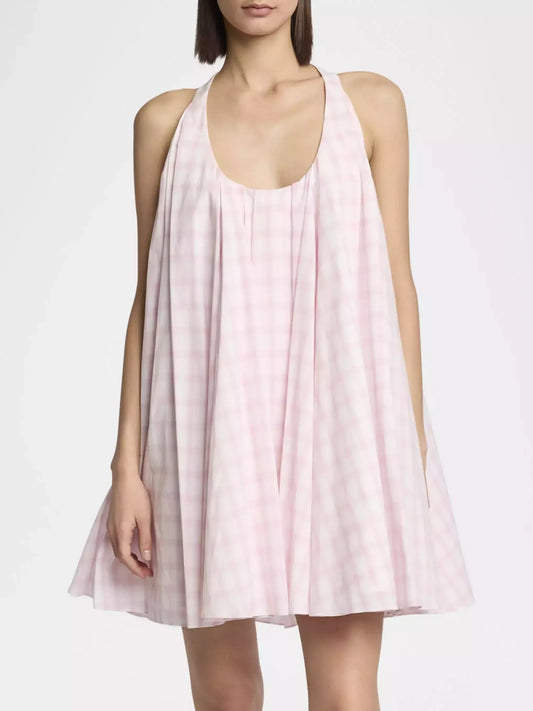 Check Print Pleated Trapeze Mini Dress - Small - Dresses