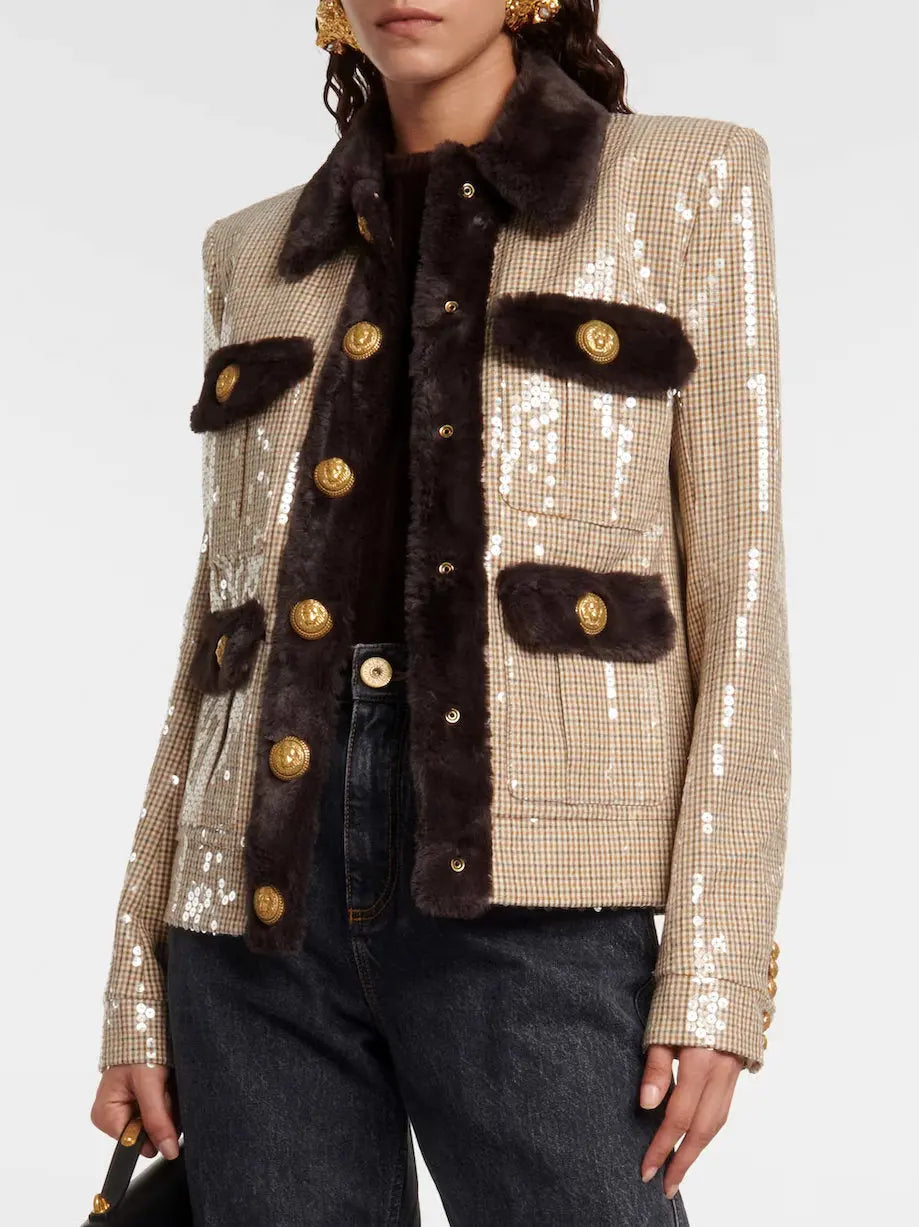 Check-Print Sequined Faux Fur-trimmed Jacket - Jackets