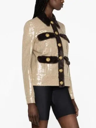 Check-Print Sequined Faux Fur-trimmed Jacket - Jackets