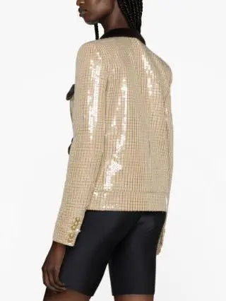 Check-Print Sequined Faux Fur-trimmed Jacket - Jackets