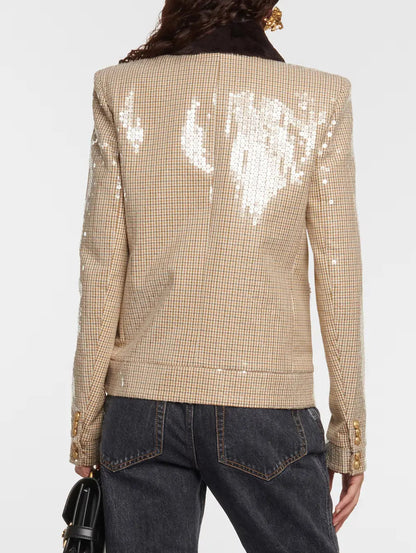 Check-Print Sequined Faux Fur-trimmed Jacket - Jackets