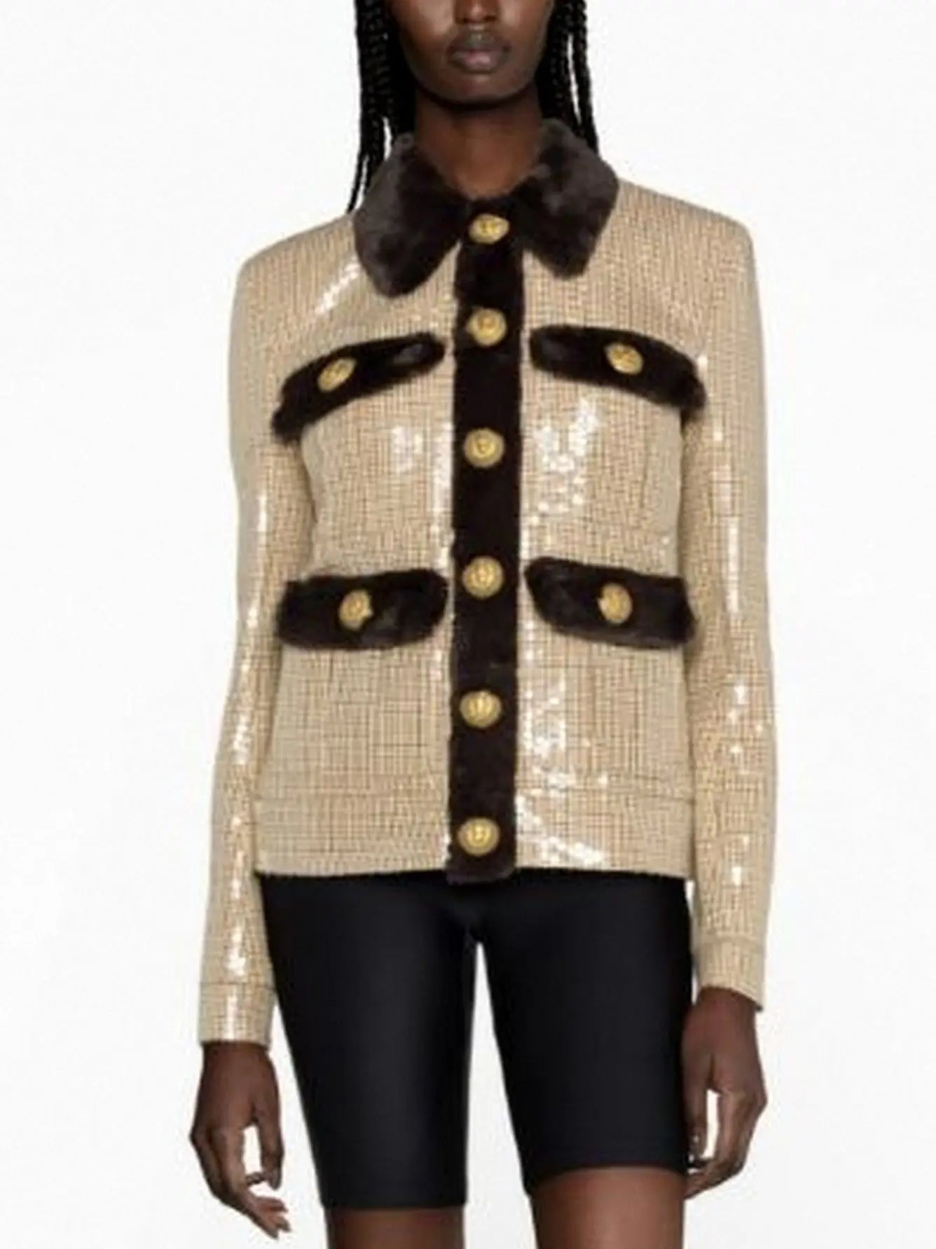 Check-Print Sequined Faux Fur-trimmed Jacket - Jackets