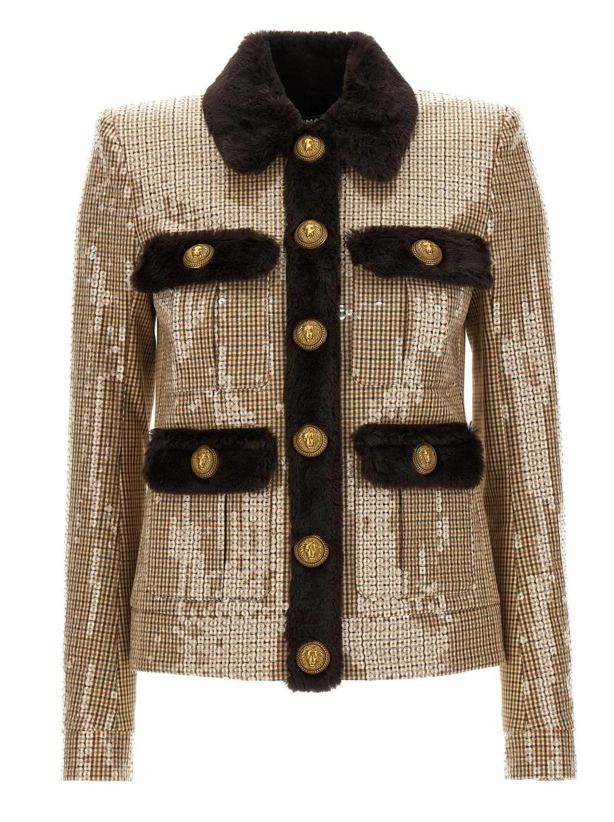 Check-Print Sequined Faux Fur-trimmed Jacket - Jackets