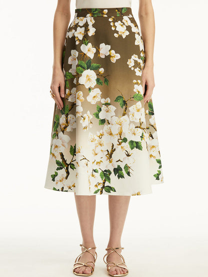 Cherry Blossom Print Ombre Midi Skirt - Skirts