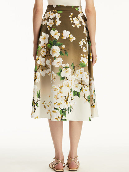 Cherry Blossom Print Ombre Midi Skirt - Skirts