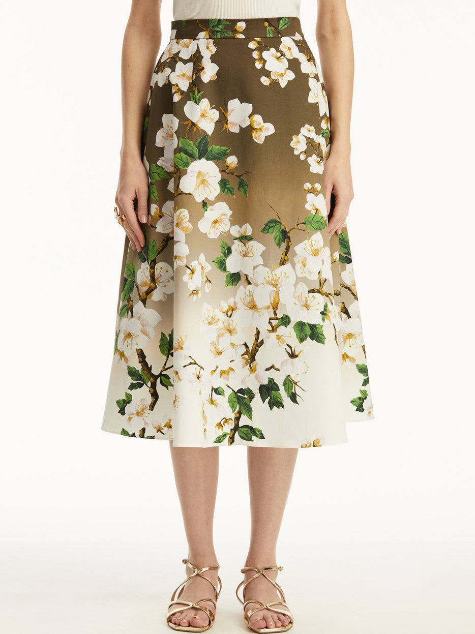 Cherry Blossom Print Ombre Midi Skirt - Skirts