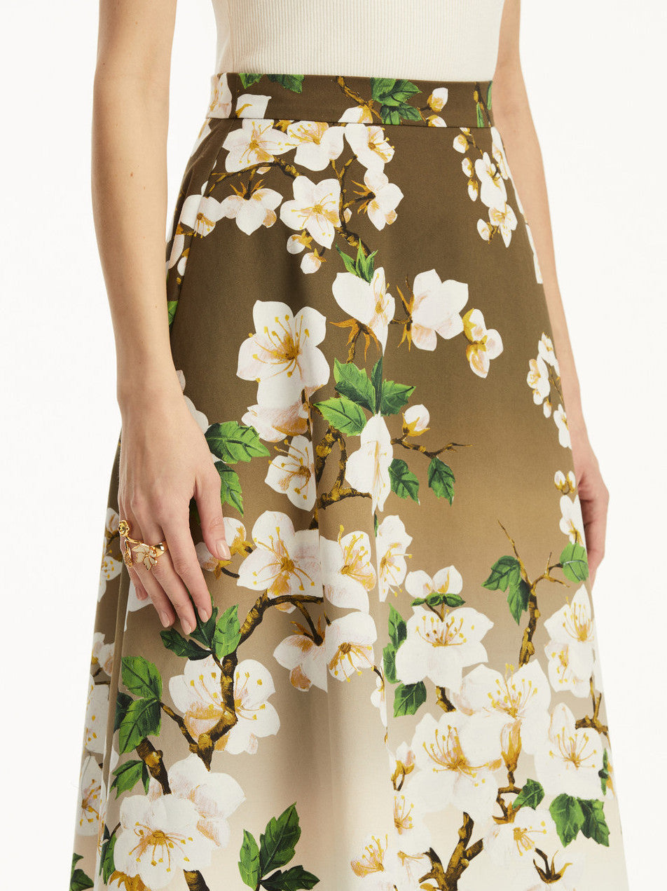 Cherry Blossom Print Ombre Midi Skirt - Skirts