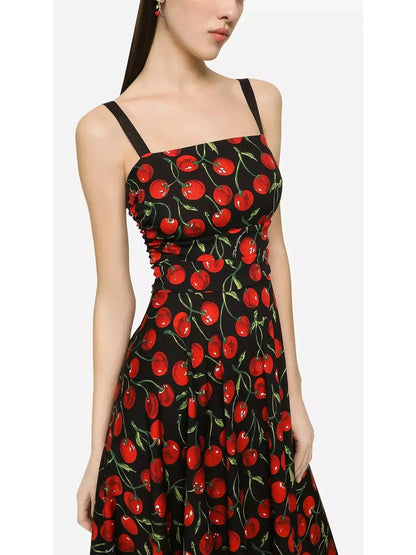 Cherry-Print Charmeuse Calf-Length Dress - Dresses