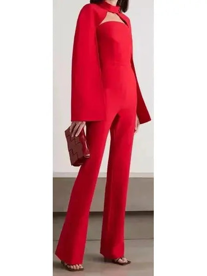 Cherry Red Cropped Cape and Myrine Jumpsuit Set - Suits & Sets