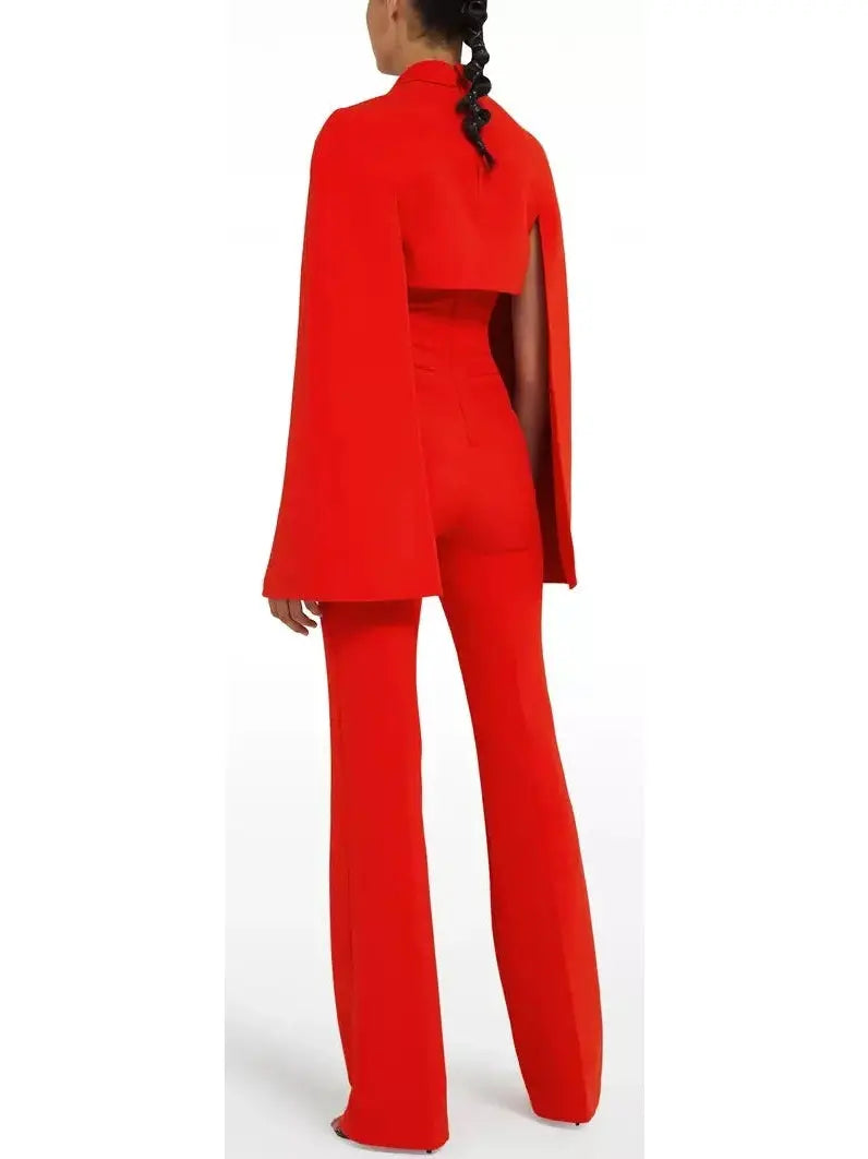 Cherry Red Cropped Cape and Myrine Jumpsuit Set - Suits & Sets