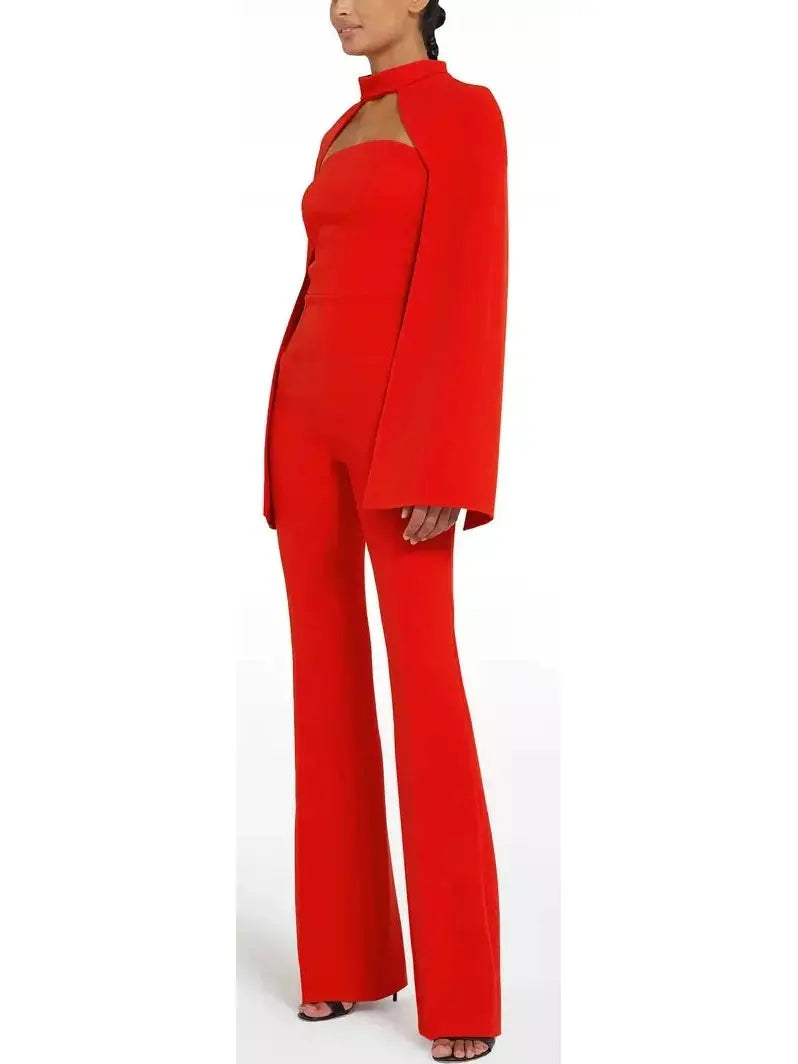 Cherry Red Cropped Cape and Myrine Jumpsuit Set - Suits & Sets