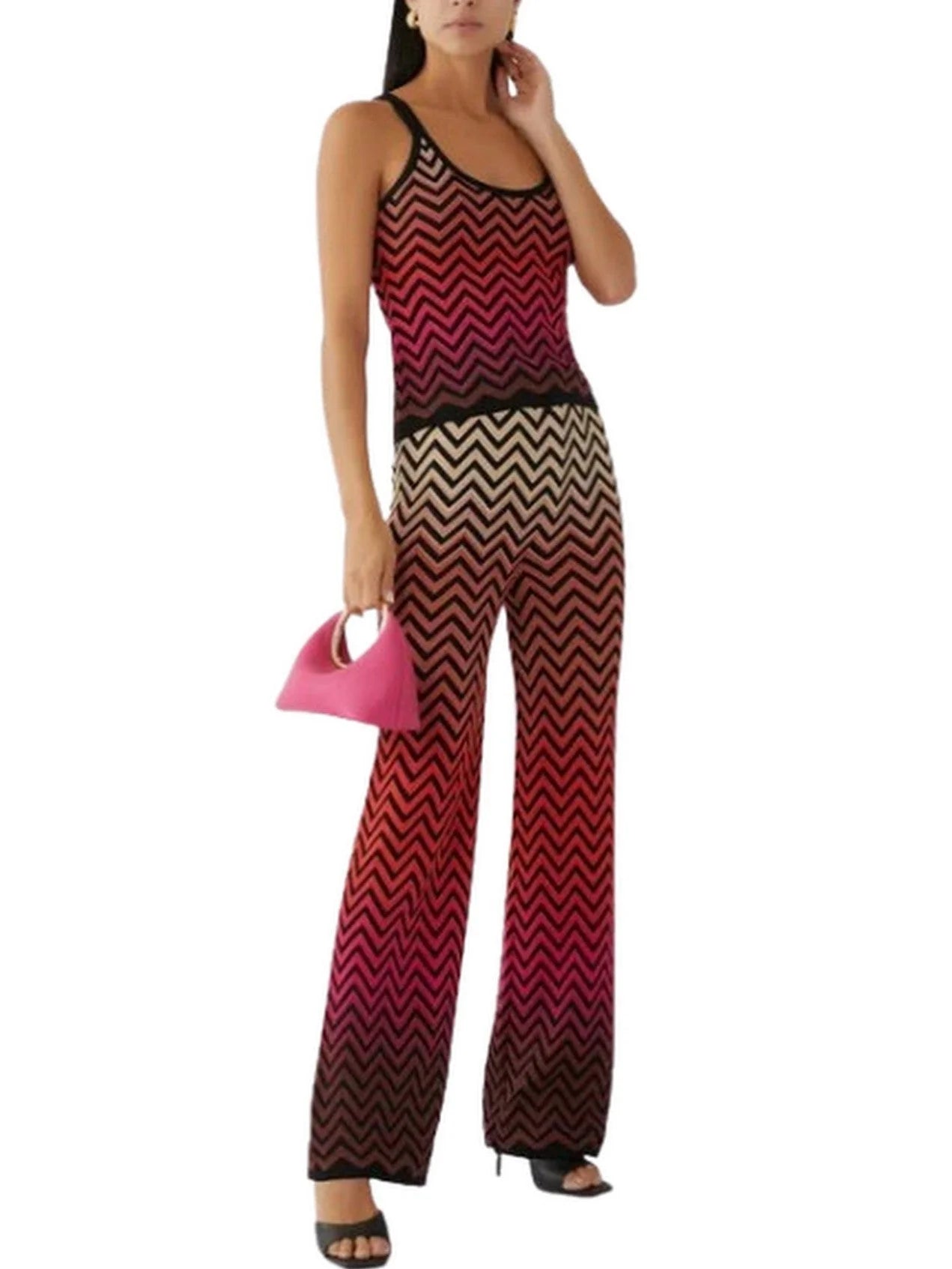 Chevron Knit Cropped Tank and Pant Set in Multicolor - S - Suits & Sets