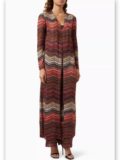 Chevron Knit Long Duster Cardigan in Dark Multicolor - Sweaters & Knitwear