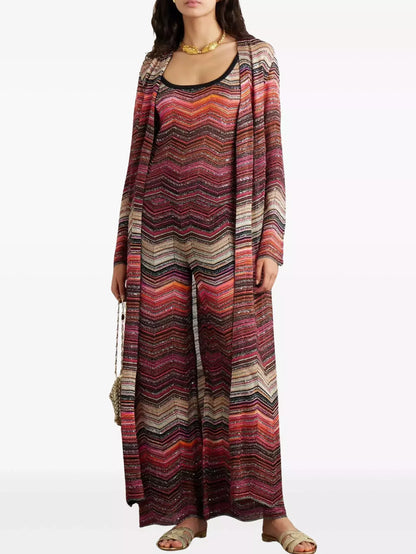 Chevron Knit Long Duster Cardigan in Dark Multicolor - Sweaters & Knitwear