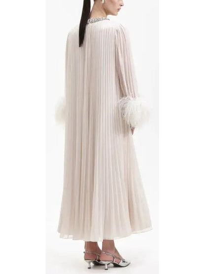 Chiffon Pleated Feather-Trim Embellished Dress Creamy Beige - Dresses