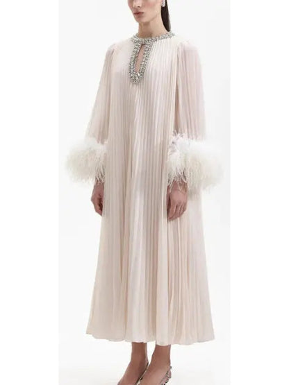 Chiffon Pleated Feather-Trim Embellished Dress Creamy Beige - Dresses