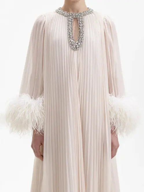 Chiffon Pleated Feather-Trim Embellished Dress Creamy Beige - Dresses