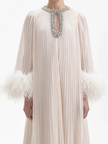 Chiffon Pleated Feather-Trim Embellished Dress Creamy Beige - Dresses