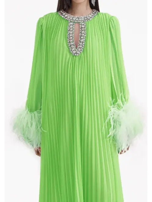 Chiffon Pleated Feather-Trim Embellished Dress Green - Dresses