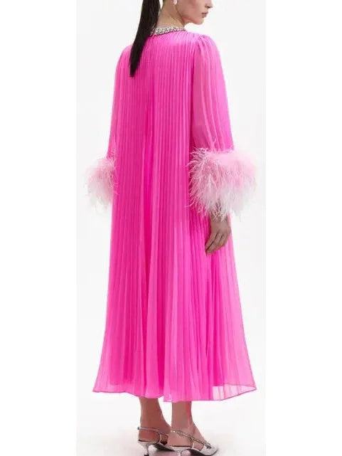 Chiffon Pleated Feather-Trim Embellished Dress Pink - Dresses