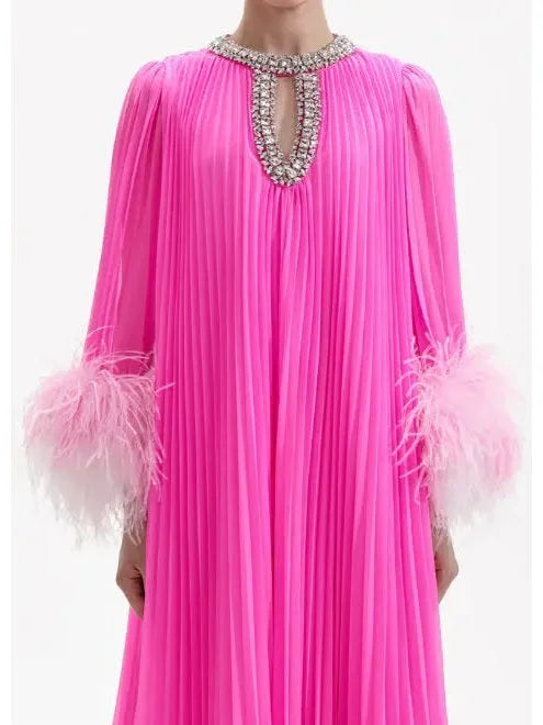 Chiffon Pleated Feather-Trim Embellished Dress Pink - Dresses