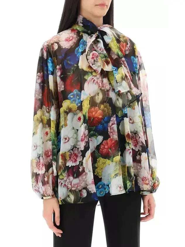 Chiffon Shirt with Nocturnal Flower Print - Tops