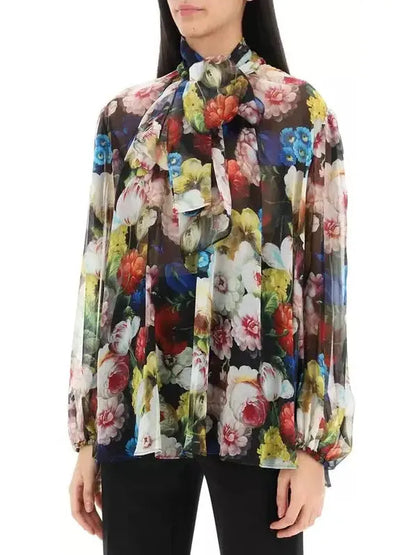 Chiffon Shirt with Nocturnal Flower Print - Tops