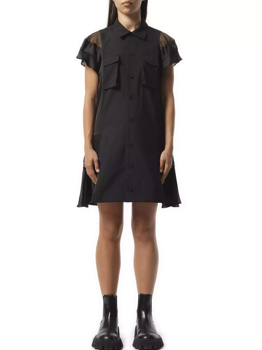 Chiffon-Trimmed Paneled Black Mini Shirt Dress - Dresses