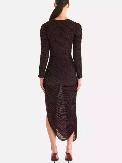 Chocolate Brown Crystal-Embellished Ruched Midi Dress - Dresses