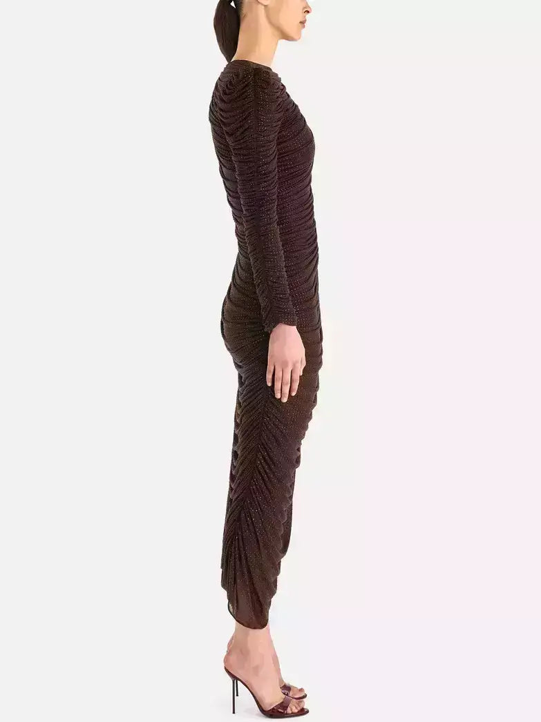 Chocolate Brown Crystal-Embellished Ruched Midi Dress - Dresses
