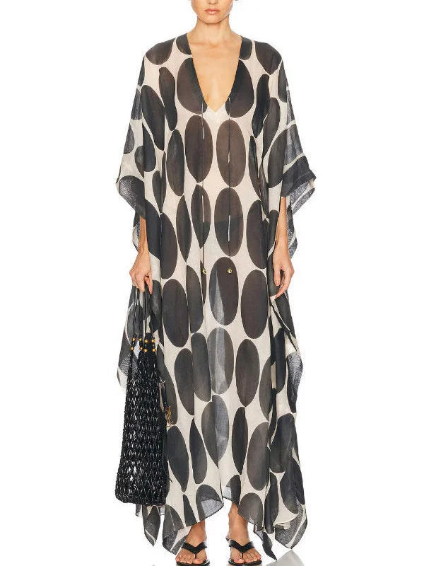 Circle Printed V-Neck Kaftan with Drawstrings - Dresses