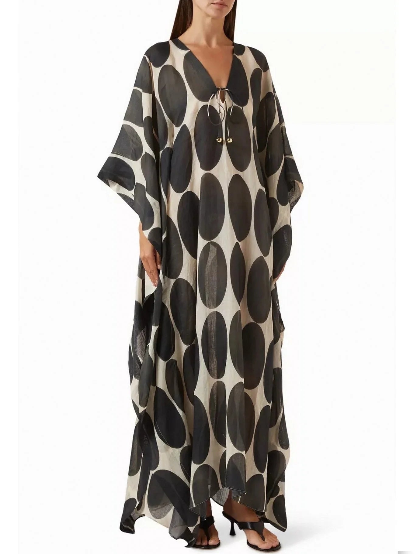 Circle Printed V-Neck Kaftan with Drawstrings - Dresses