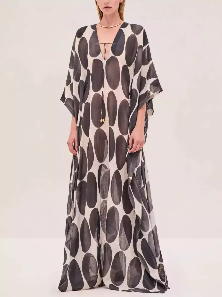 Circle Printed V-Neck Kaftan with Drawstrings - Dresses