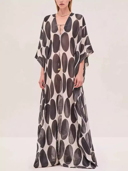 Circle Printed V-Neck Kaftan with Drawstrings - Dresses
