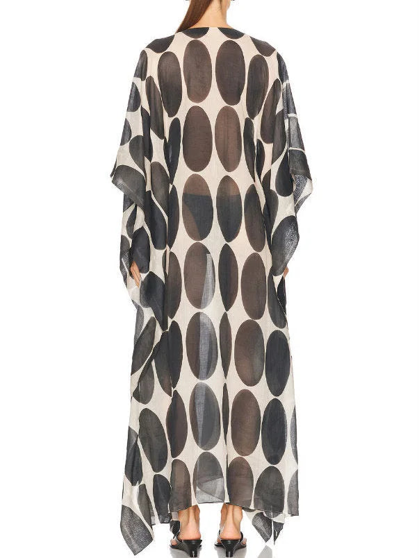 Circle Printed V-Neck Kaftan with Drawstrings - Dresses