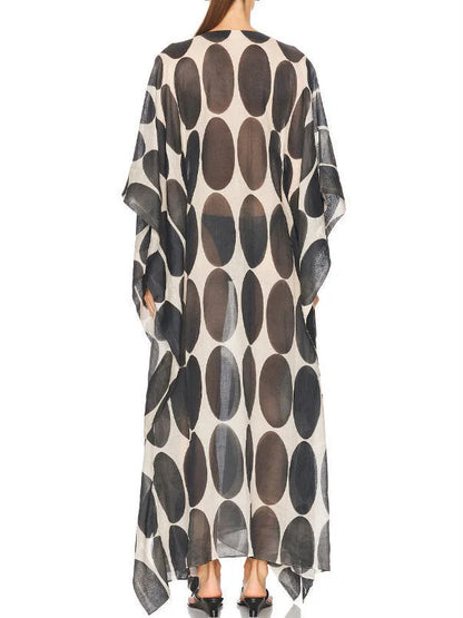 Circle Printed V-Neck Kaftan with Drawstrings - Dresses