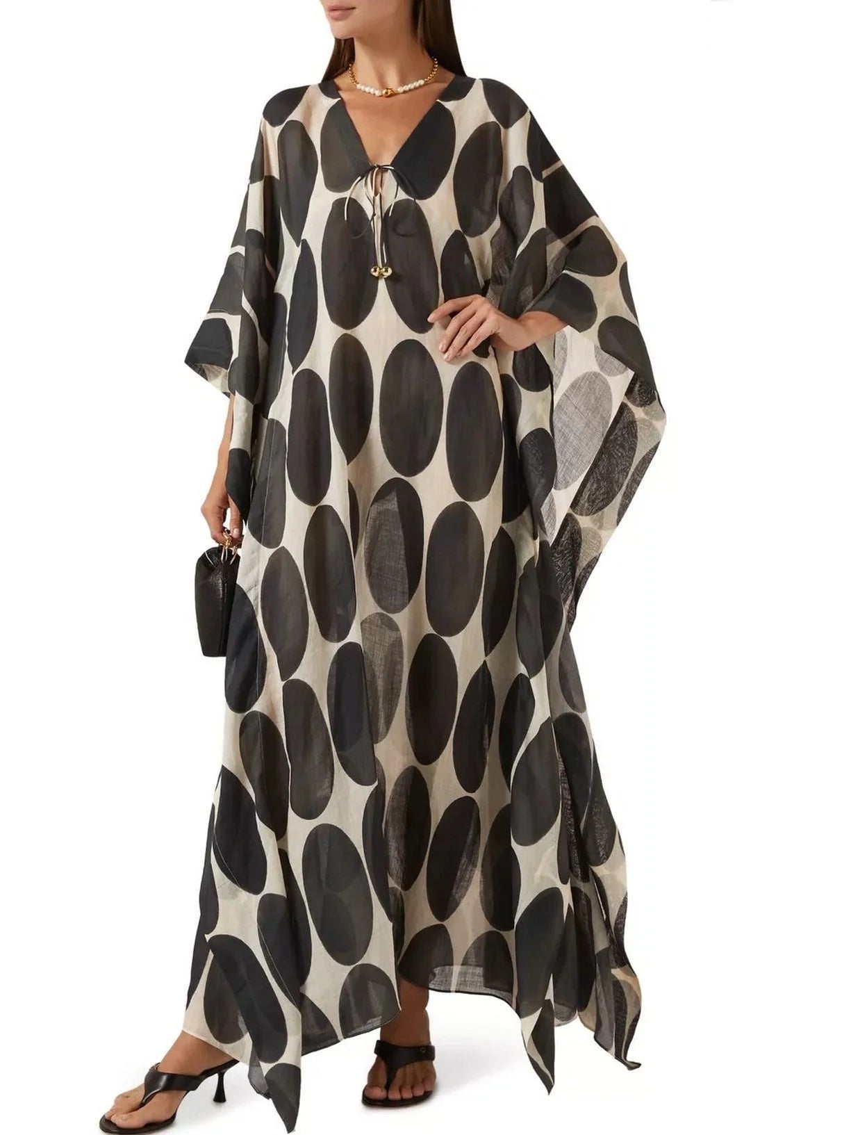Circle Printed V-Neck Kaftan with Drawstrings - Dresses
