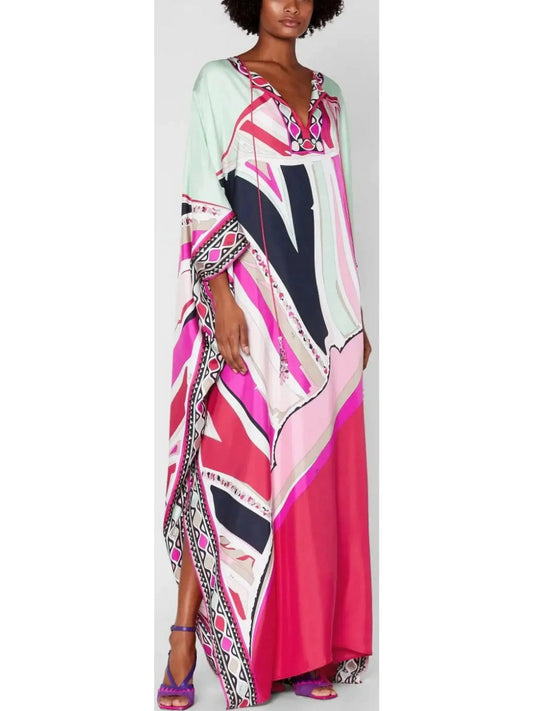 Ciwara Print Beaded Tassel Embellished Silk-Twill Kaftan - s - Dresses