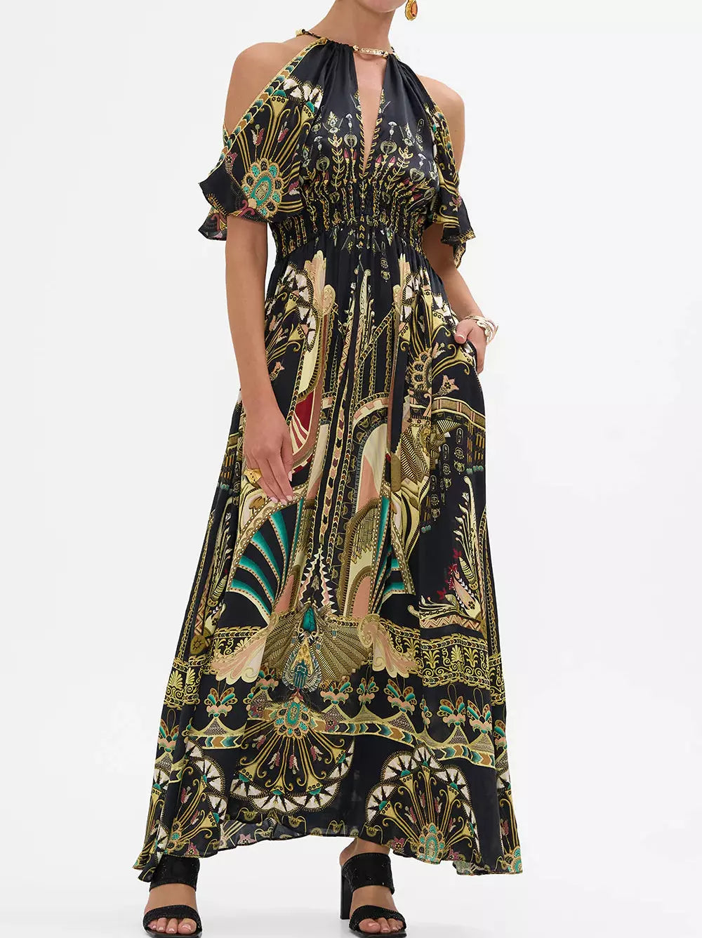 Black patterned cold-shoulder printed maxi dress with stylish neck piece detail