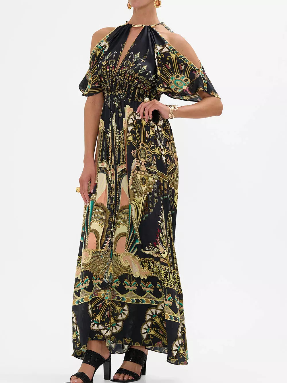 Black patterned cold-shoulder printed maxi dress with neck piece for stylish elegance