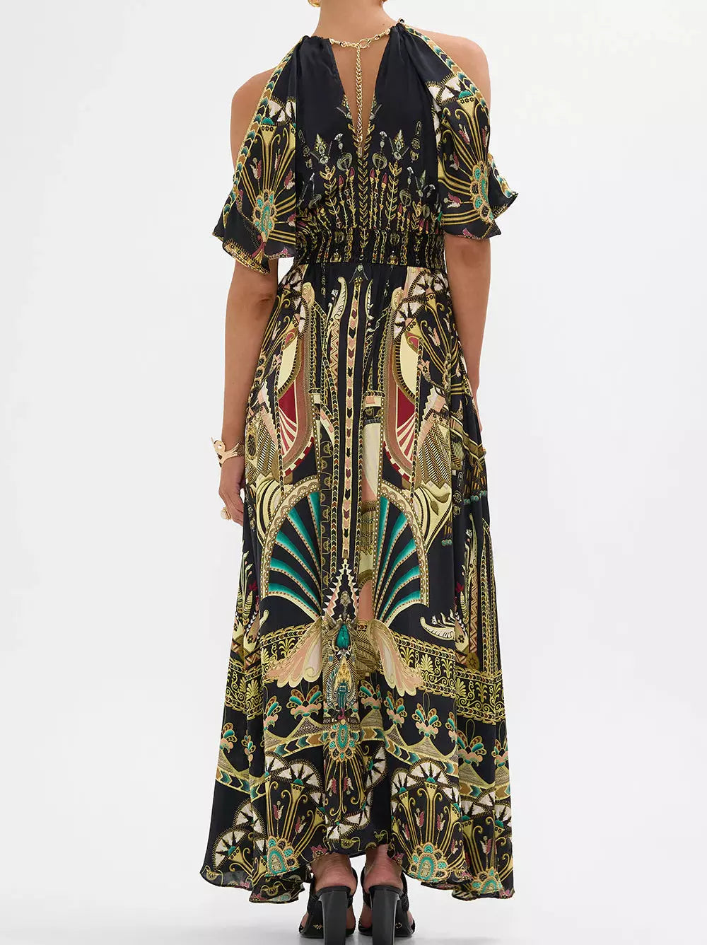 Black patterned cold-shoulder printed maxi dress with elegant neck piece detail