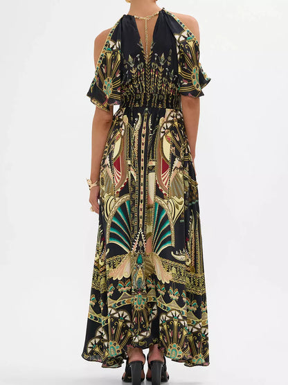 Black patterned cold-shoulder printed maxi dress with elegant neck piece detail