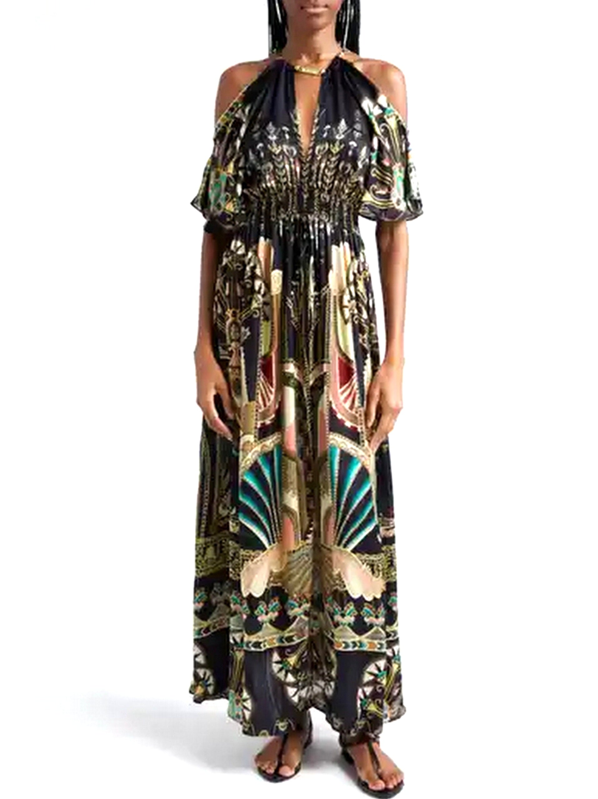 Cold-Shoulder Printed Maxi Dress with Neck Piece featuring a stylish patterned design