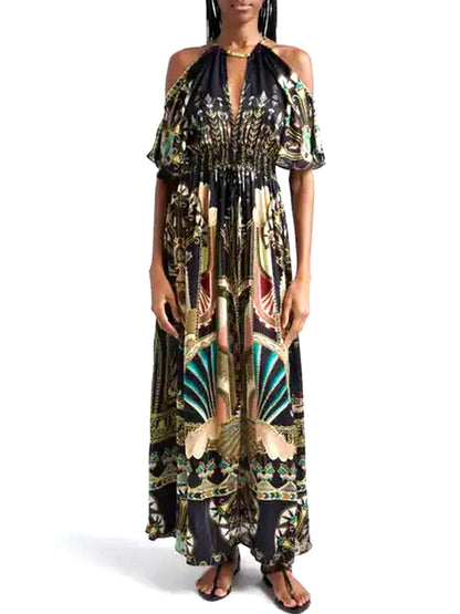 Cold-Shoulder Printed Maxi Dress with Neck Piece featuring a stylish patterned design