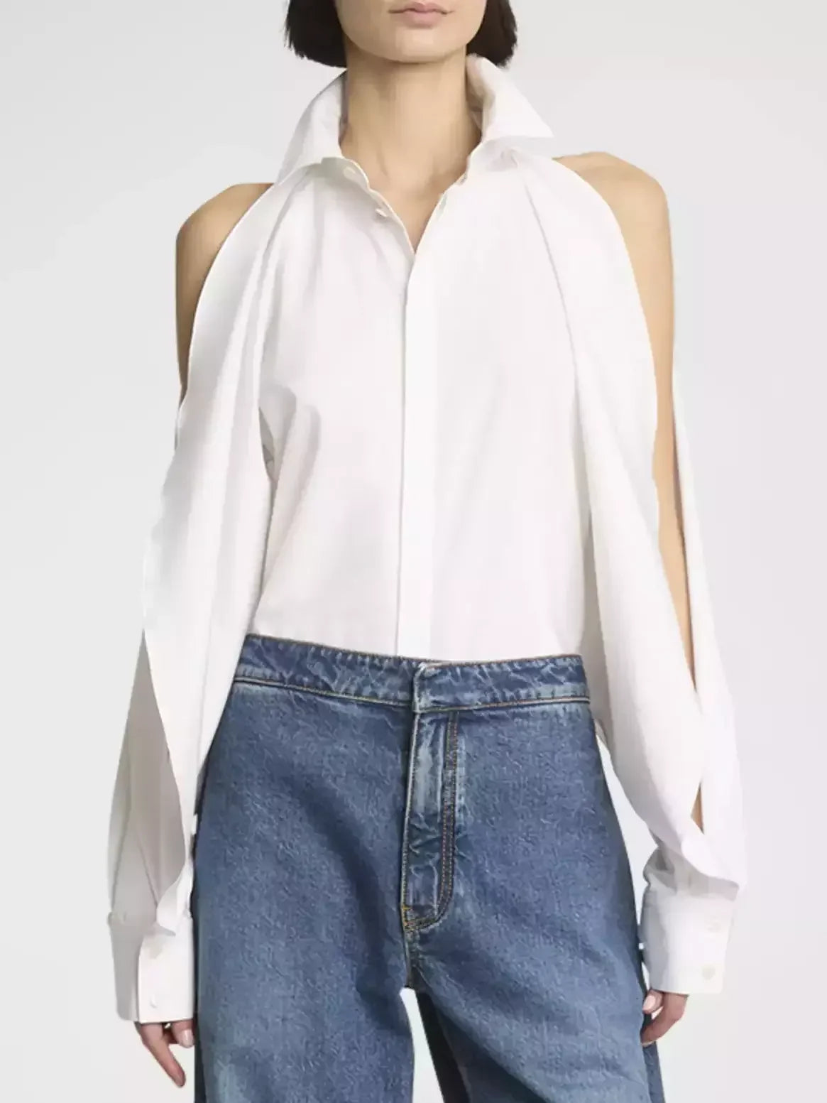 Cold-Shoulder White Cotton Shirt - Tops